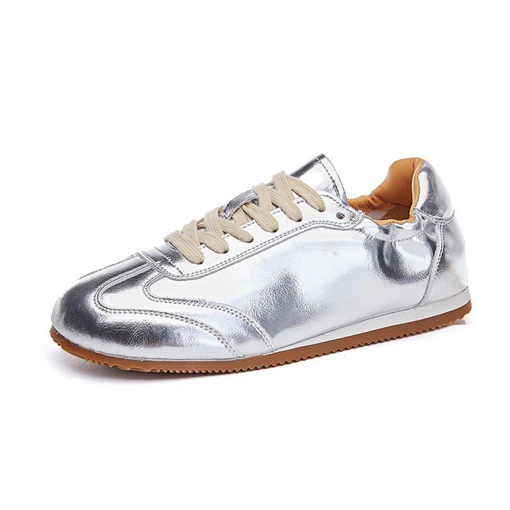Genuine Leather Women Silver Sneakers
